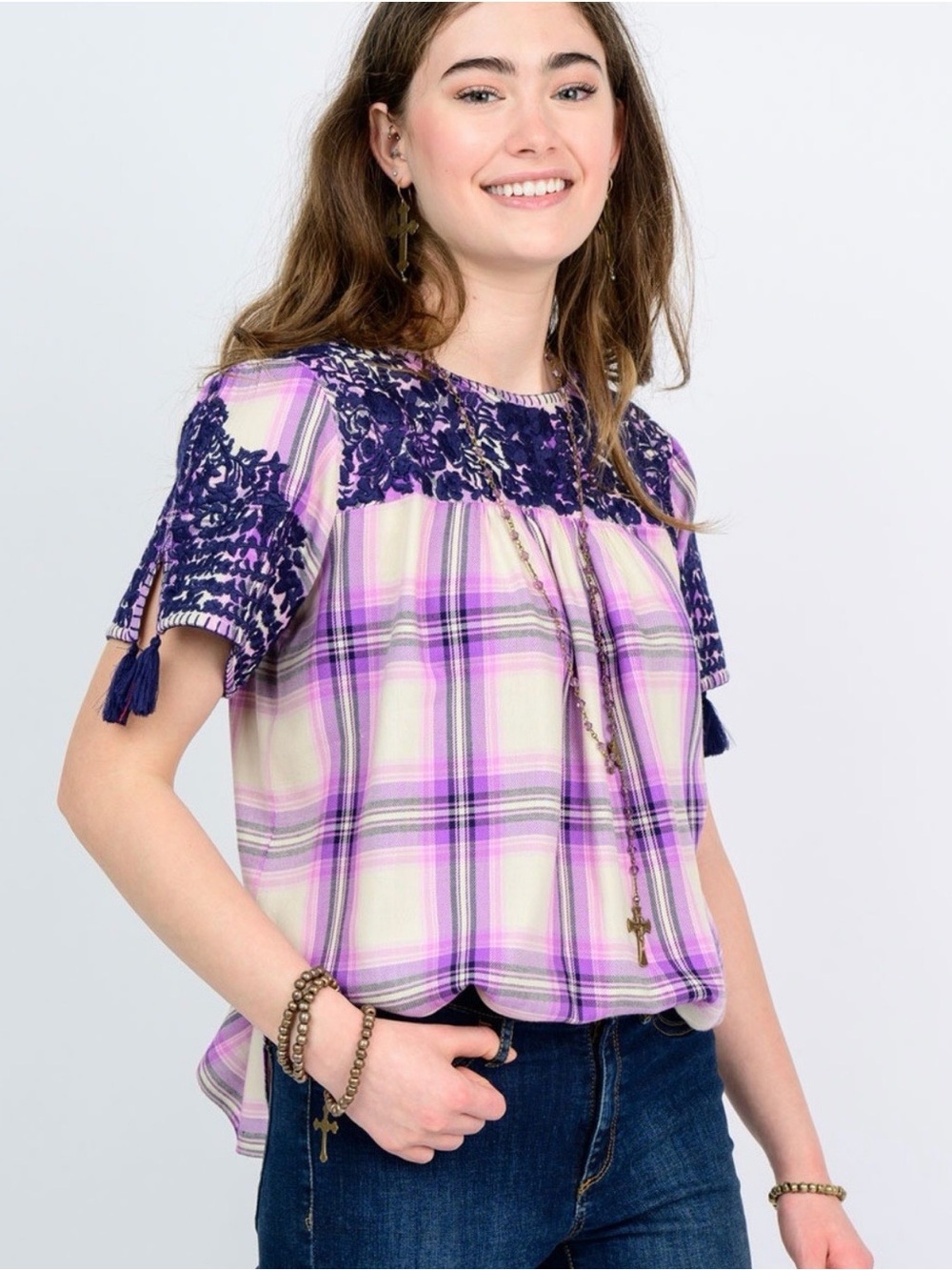SISTER MARY Belen Plaid Fringe Short Sleeve Purple Embroidered Top Size XL